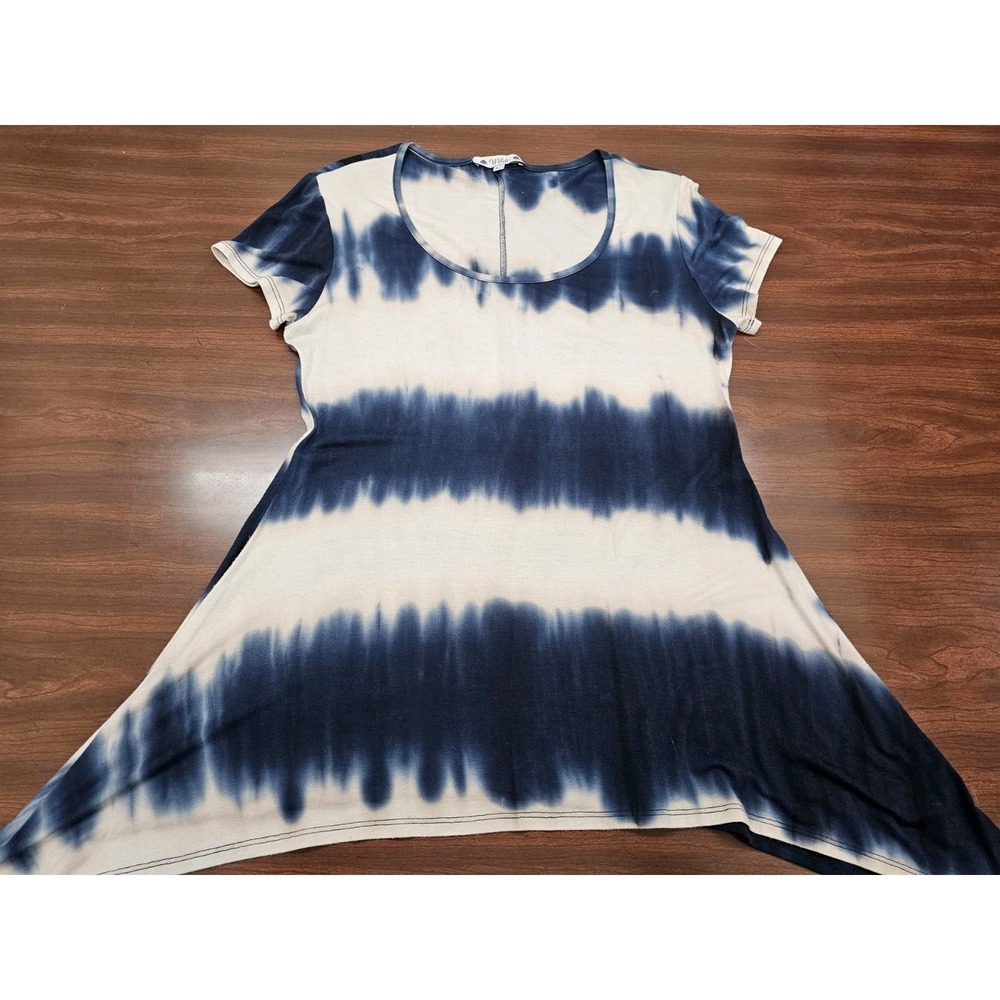 Wilde Womens L Blue White Tie Dye Tunic Top Short Sleeve Stretch Flowy Casual